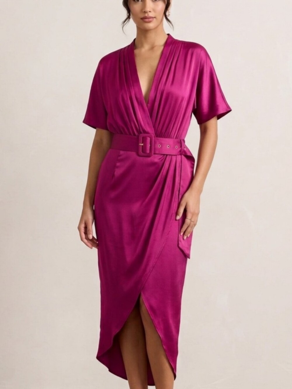 Belted Wrap Midi Dress in Fuchsia